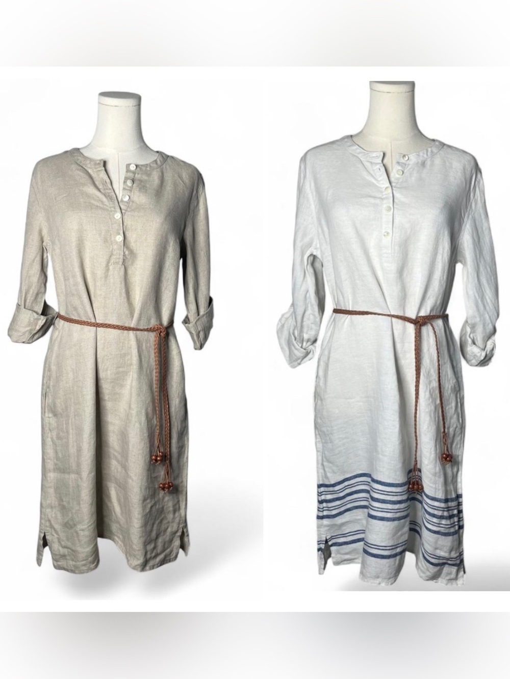 Garnet Hill Linen Belted Collarless Shirt Dress Bundle of 2 Size 8 Coastal